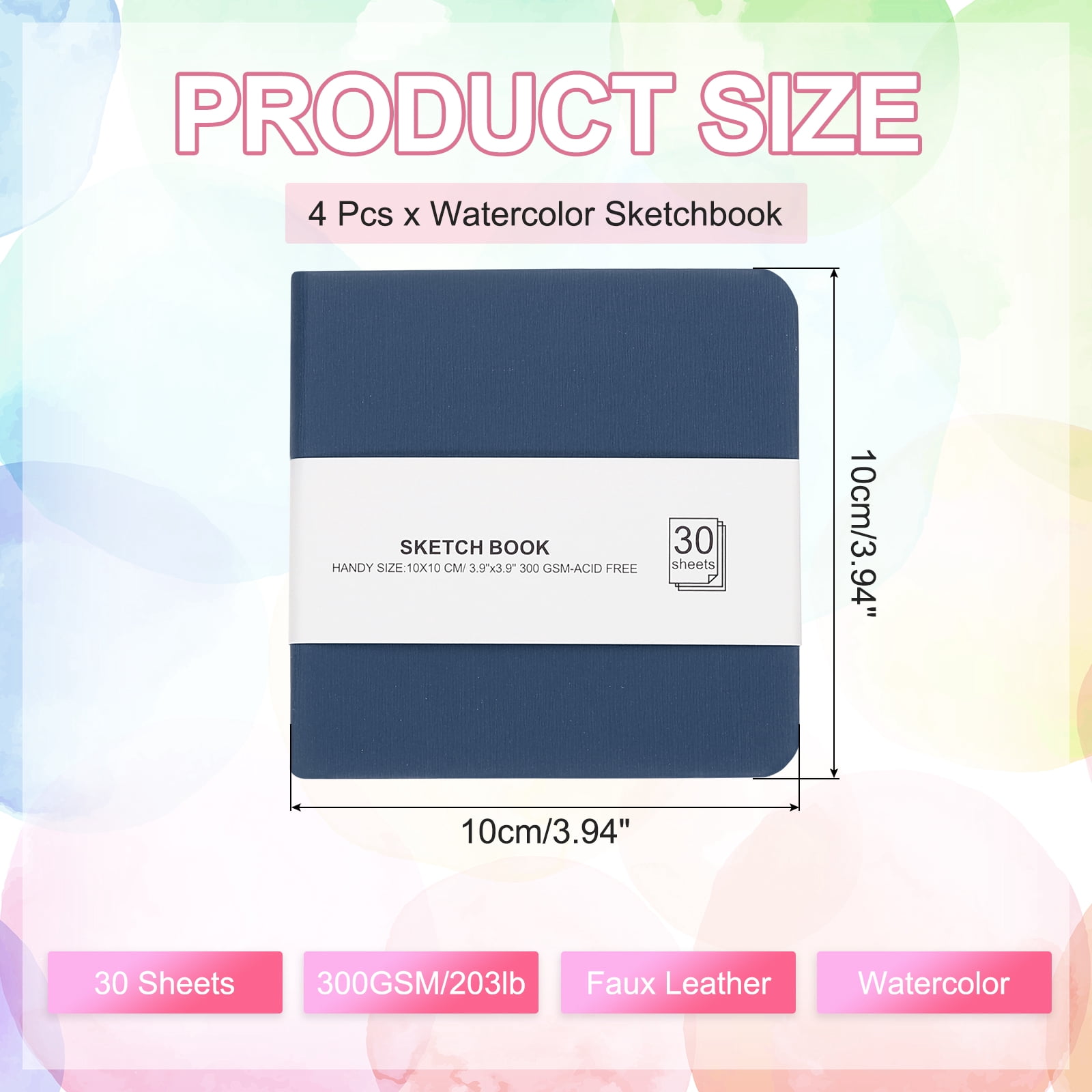Uxcell 4x4" Watercolor Paper Sketchbook, 4Pcs 30 Sheet 300GSM/203lb Acid Free Watercolor Journal Hardcover Artists Paper Pads for Painting, Dark Blue
