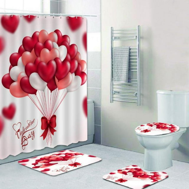 Ensemble de Rideau de Douche Rose Rouge avec Tapis Antidérapant, Couvercle de Toilette et Tapis de Bain, Rideau de Douche Cœur d'Amour avec 12 Crochets, Rideaux de Douche en Bois Rustique Imperméables pour Salle de Bain