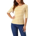thumbnail image 1 of Camiseta básica de ajuste slim con cuello redondo y mangas de codo para mujeres INSPIRE CHIC, estampada, talla XL, color amarillo y blanco, 1 of 6