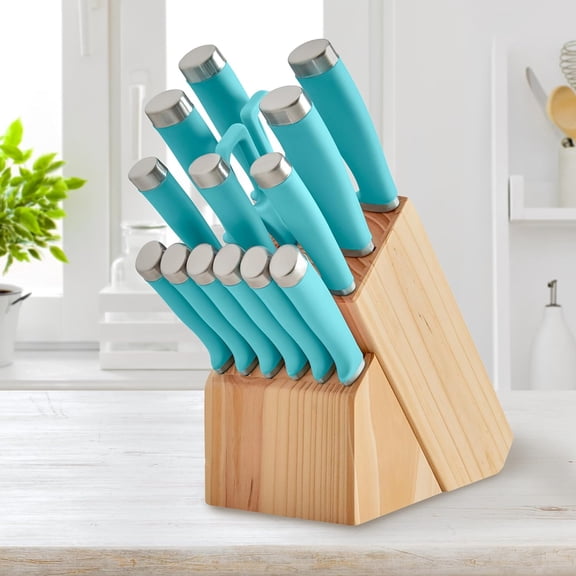 Epicure True Aqua 15-Piece Knife Block Set - Stainless Steel Kitchen Knives with Storage Block for Everyday Cooking & Meal Prep