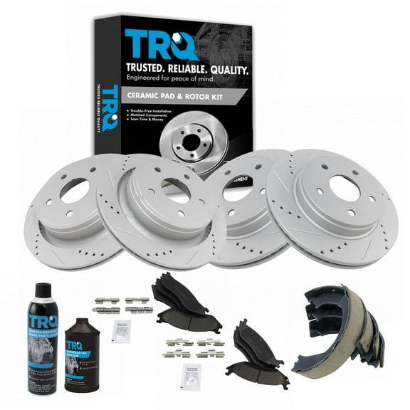 TRQ Front, Rear Ceramic Brakes Pad Performance Rotor, Parking Shoe Kit for Dodge BKA22063