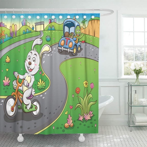 CYNLON Race Green Cartoon Rabbit and Turtle File Simple Gradients Bathroom Decor Bath Shower Curtain 60x72 inch