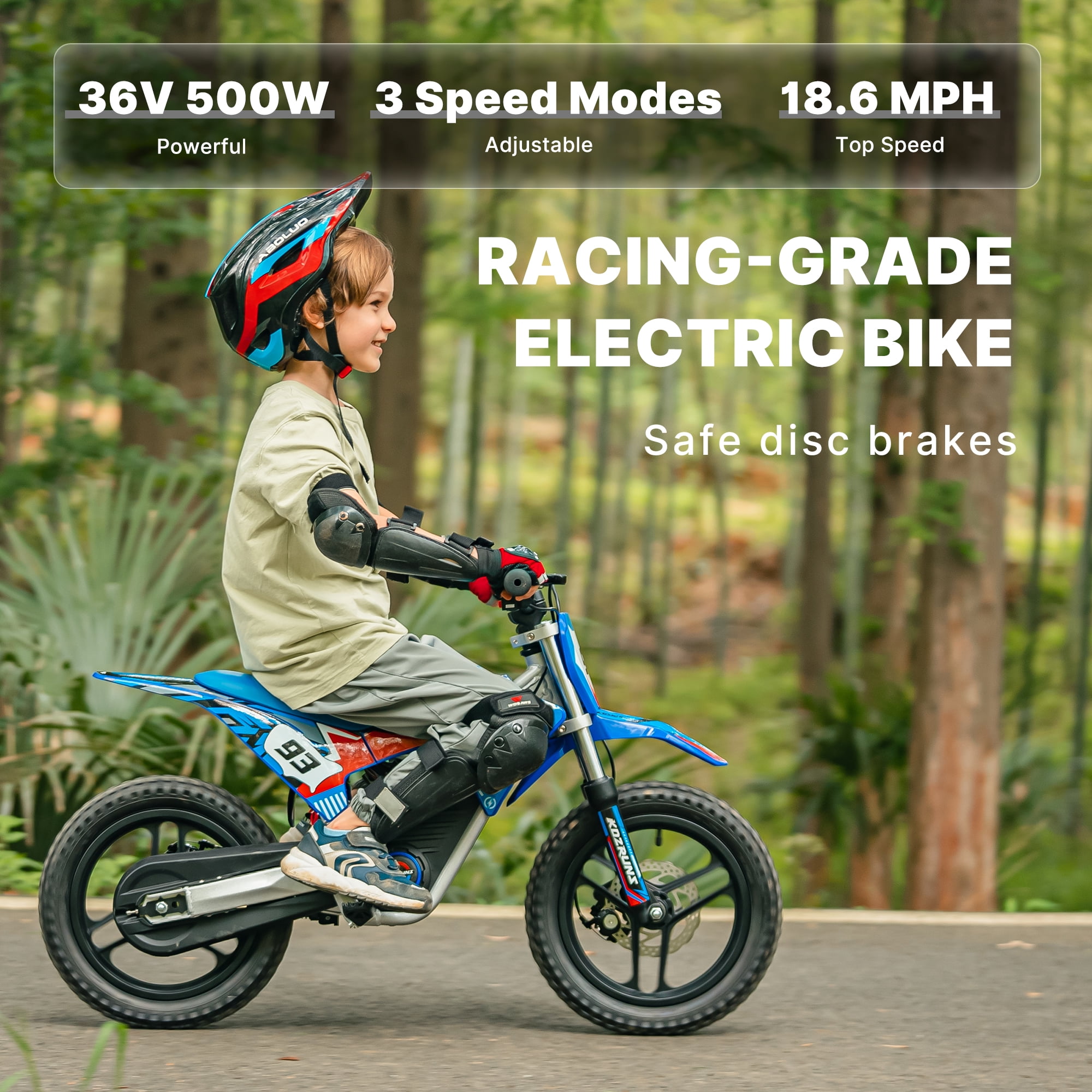 36V Electric Dirt Bike for Kids, Peak 500w Motorcycle with Dual Shock Absorption, 3 Speed Modes, Safe Disc Brake, 14" Tires Fit Ages 5-10, Blue