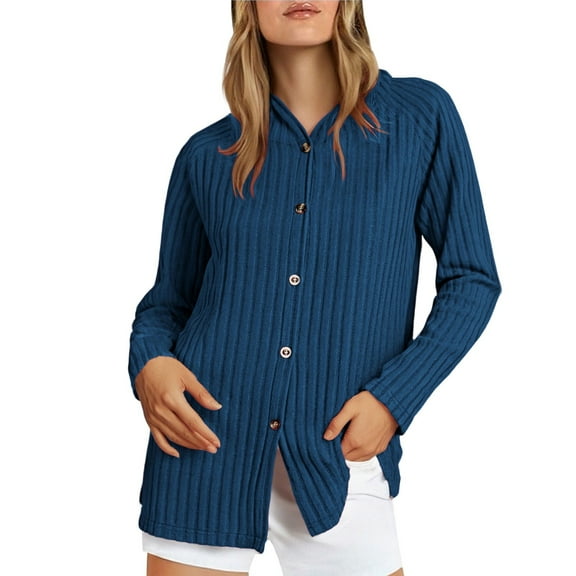 WMTBSRSW Womens Soft Ribbed Knit Hoodie Sweaters Casual Button Down Long Sleeve Shirts Lightweight Cozy Fall Texture Tunic Tops Blue Small
