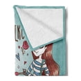 thumbnail image 2 of Cartoon Soft Flannel Fleece Throw Blanket, Love My Bike Theme Girl with Bicycle Vintage Flowers Illustration, Cozy Plush for Indoor and Outdoor Use, 70" x 90", Dried Rose and Pale Blue, by Ambesonne, 2 of 5