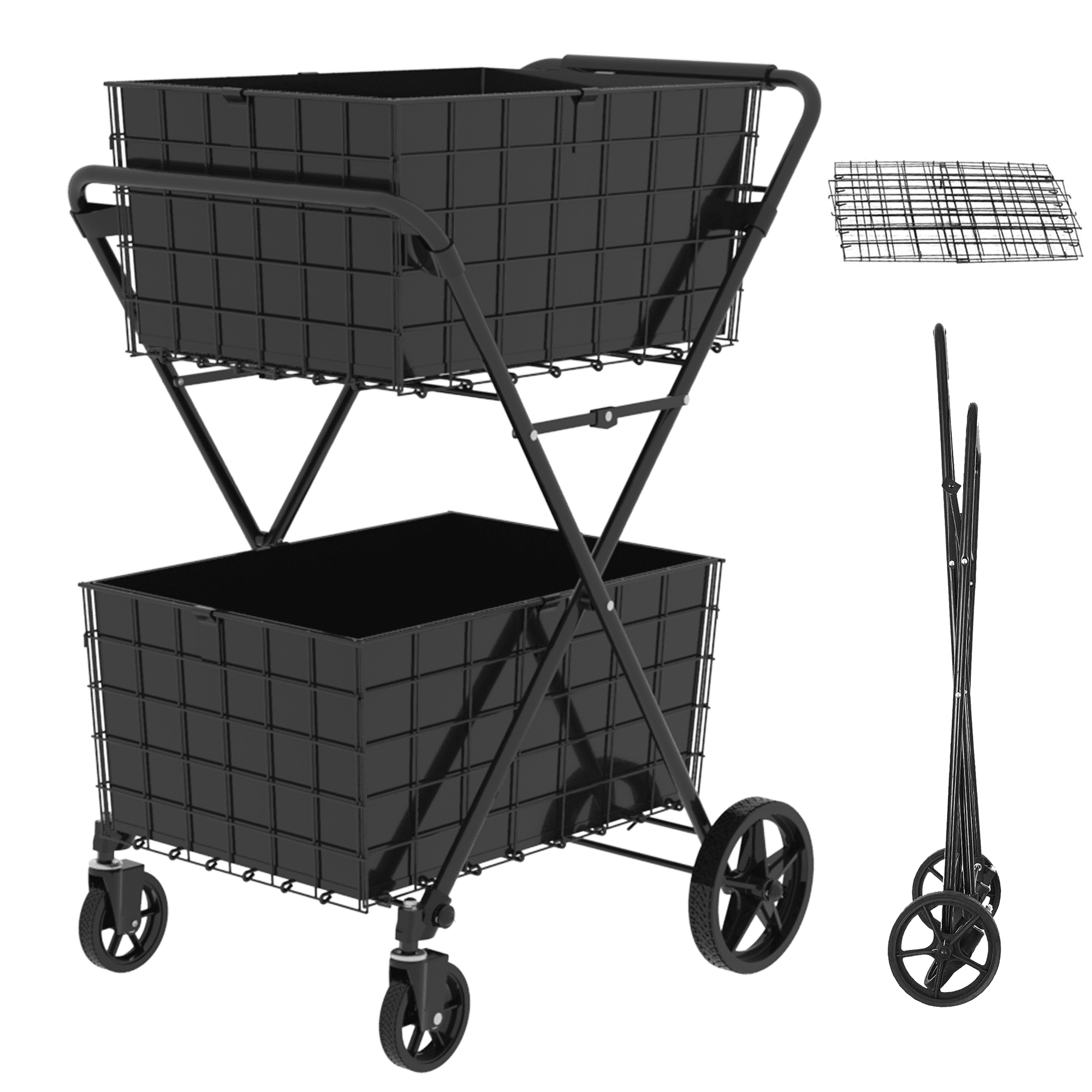 Jumbo Shopping Cart, 2 Layers Grocery Cart on Wheels, Foldable Utility Shopping Carts with Double Basket and 360° Rolling Swivel Wheels for Groceries Laundry