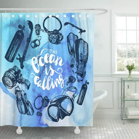 PKNMT Scuba Diving Equipment Sketch Round Composition Including Mask Snorkel Air Tank Bathroom Shower Curtains 60x72