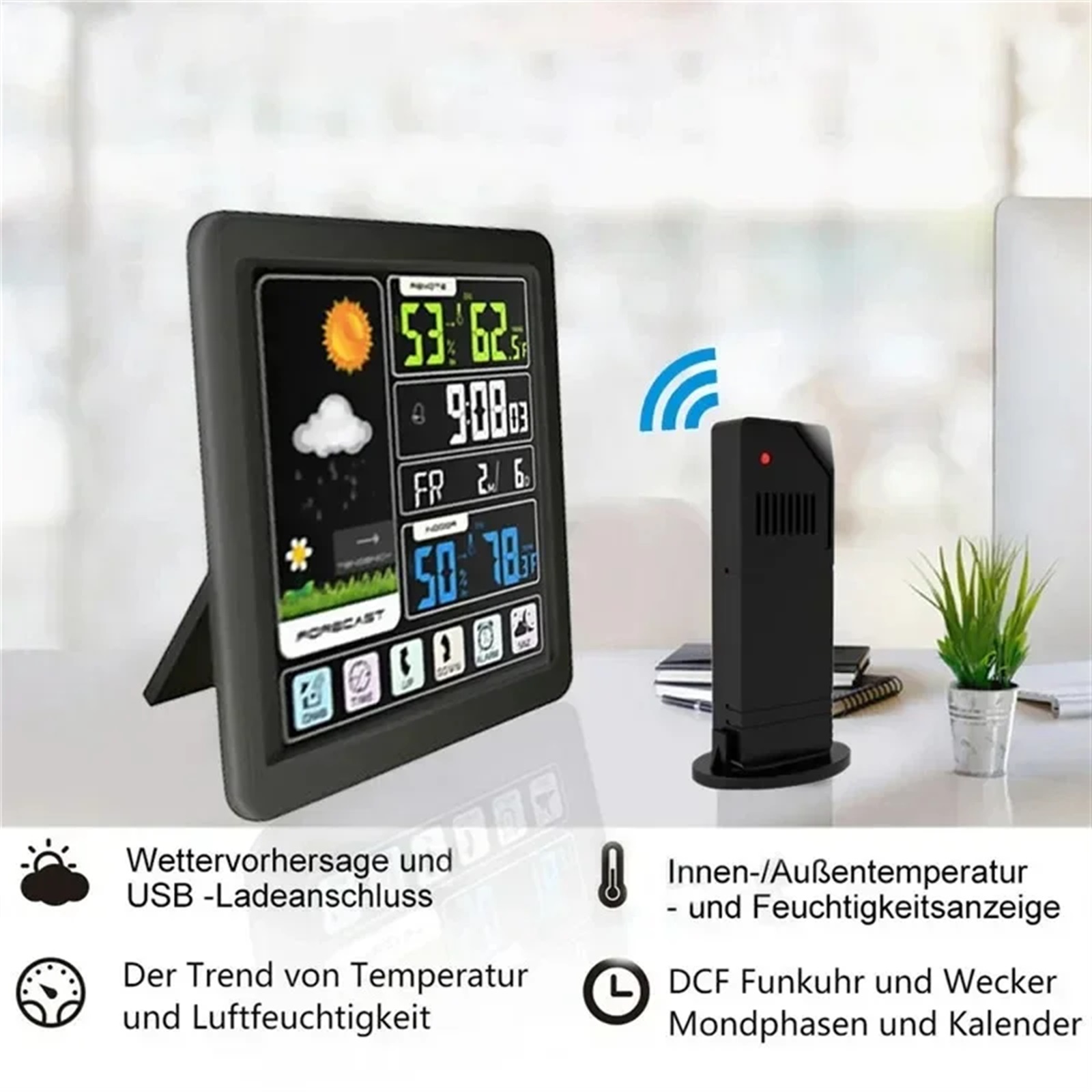 Wooden Wireless Weather Station Alarm Clock Digital Thermometer Humidity Temperature Wireless Sensor Home TimeWatch Desktop ,High Precision