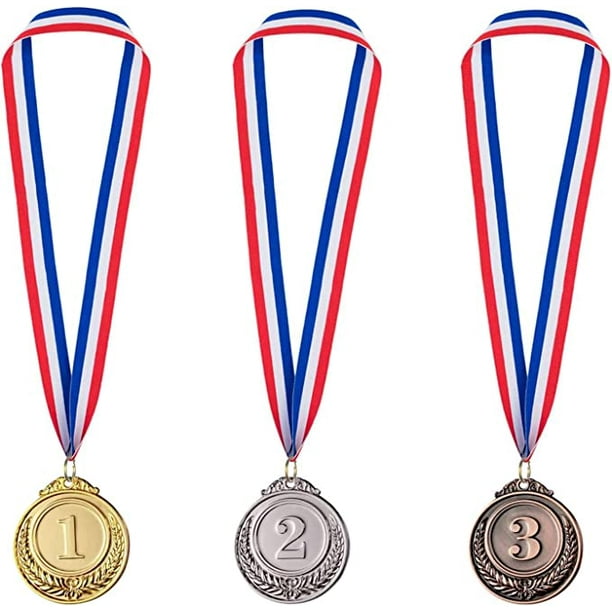 Medallas, medallas para niños, medallas de fundición, medallas de ganadores, medallas de ganadores con cinta, medallas de oro, plata y bronce de 5 cm de diámetro, 3 piezas