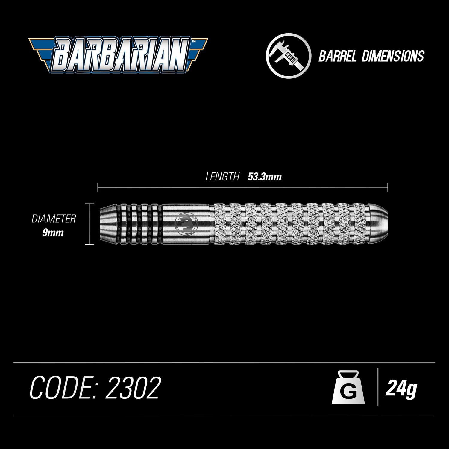 Fléchettes Winmau® Barbarian Inox en acier de style tungstène - Comprend trois fléchettes de style tungstène à pointe en acier, trois tiges Prism Force et trois Prism Alpha empennages