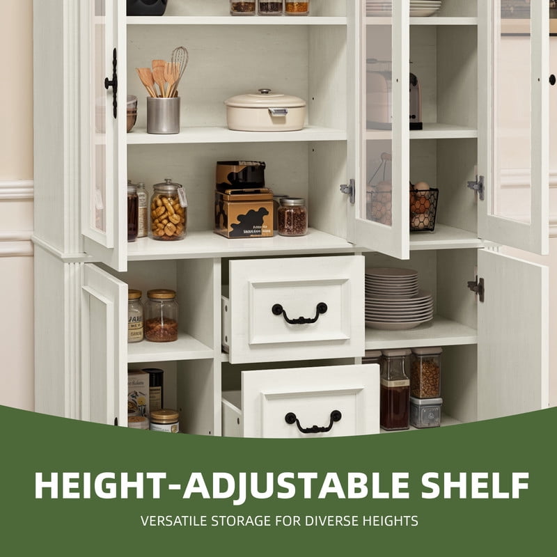 Uforic 70" Tall Pantry Cabinet with Glass Doors, Modern Farmhouse Kitchen Pantry Storage Cabinet with Drawer, White
