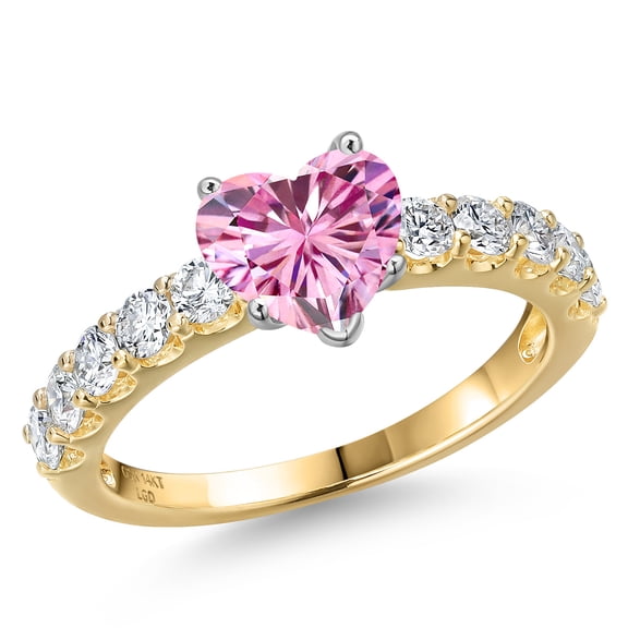 Gem Stone King 14K Two Tone Gold Pink Moissanite and Lab Grown Diamond Engagement Ring for Women (1.72 Cttw, Heart Shape 6.5MM, Gemstone Birthstone, Size 9)