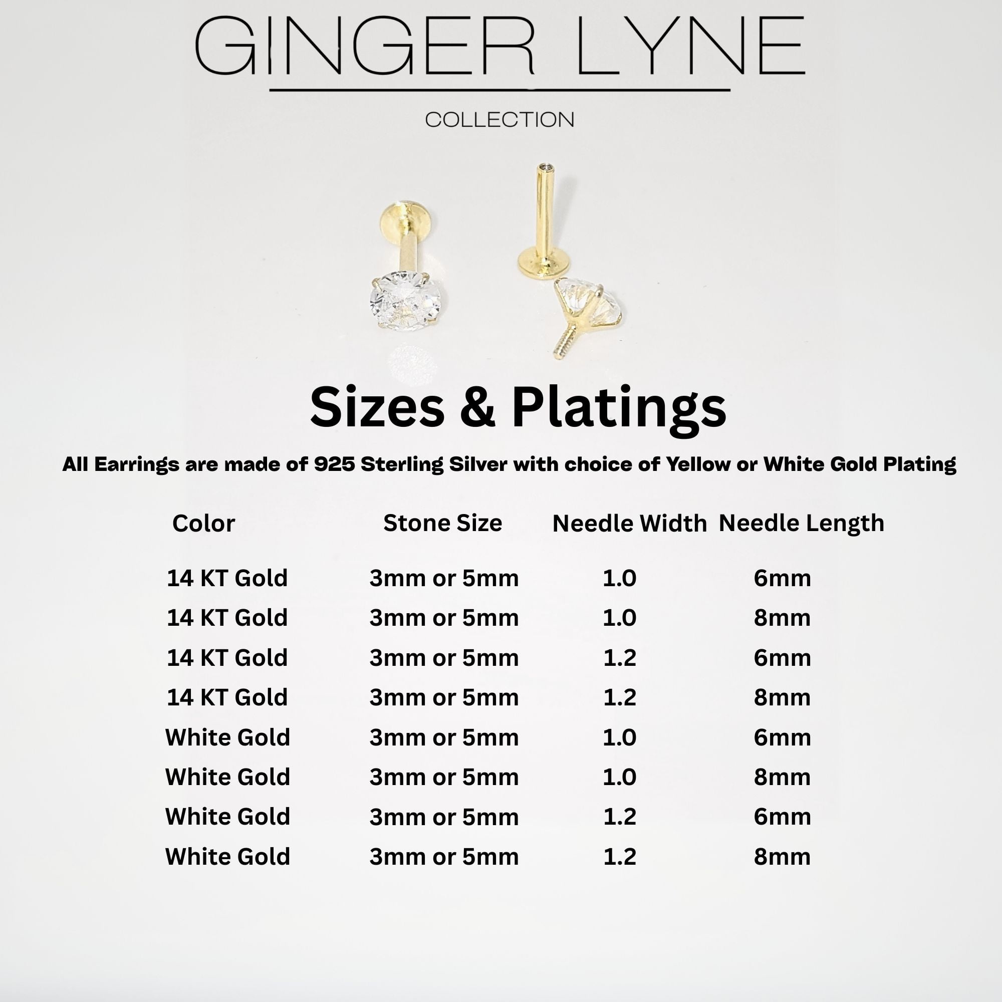 Solitaire Flat Back Stud Earrings by Ginger Lyne Sterling Silver 5A CZ 3mm or 5mm Stone