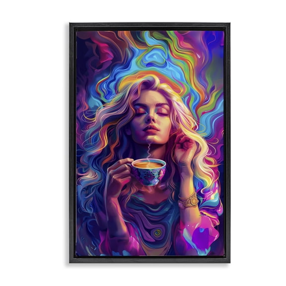 Stupell Industries Spiritual Woman Sipping Tea People Painting Black Floater Framed Canvas Art Print Wall Art, 17 x 25