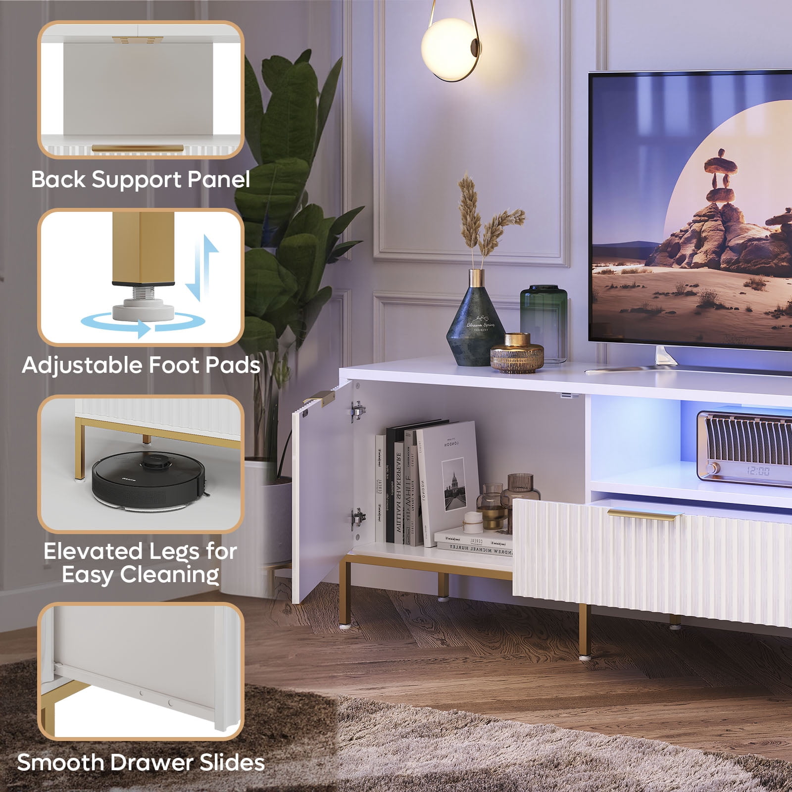 Bestier 70 inch LED TV Stand Modern High Gloss Fluted TV Cabinet Entertainment Center with Drawers for TVs up tp 75 inch, White & Gold
