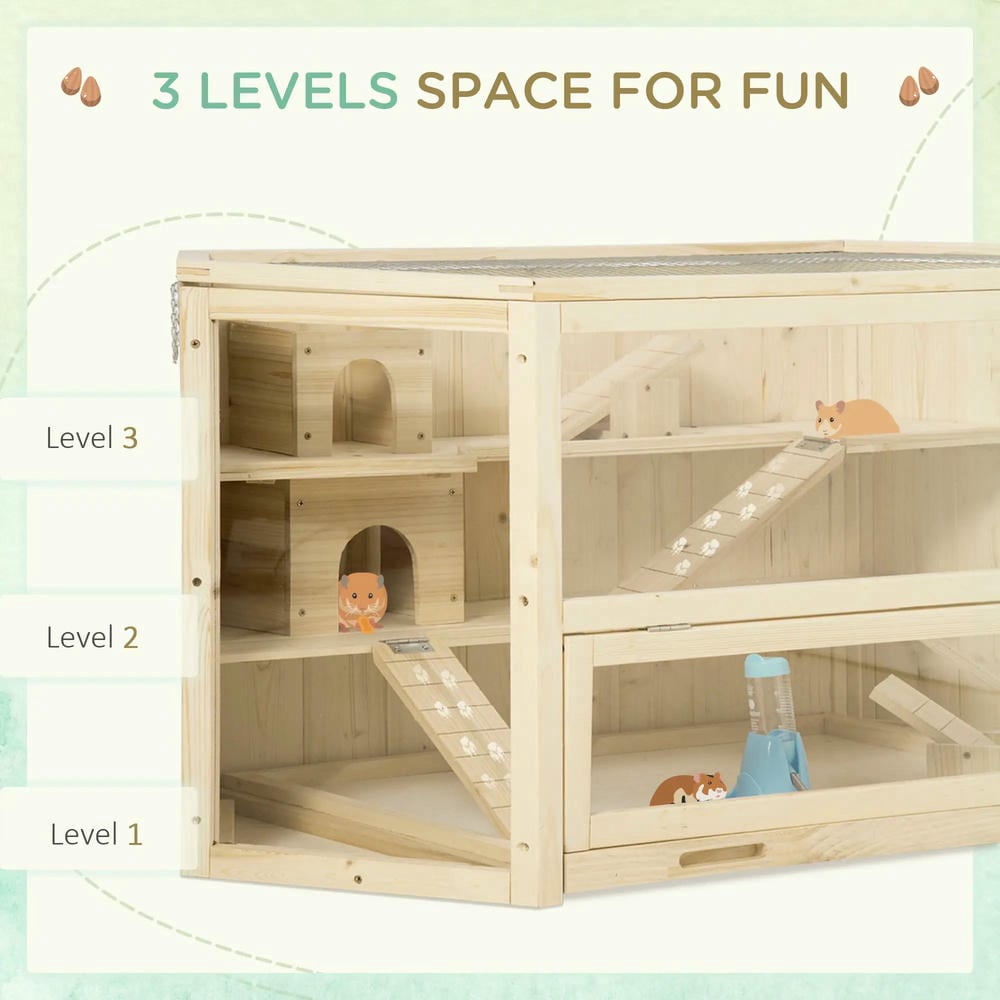 GVN Wooden Large Hamster Cage Small Animal Exercise Play House 3 Tier with Tray, Water Bottle, Natural