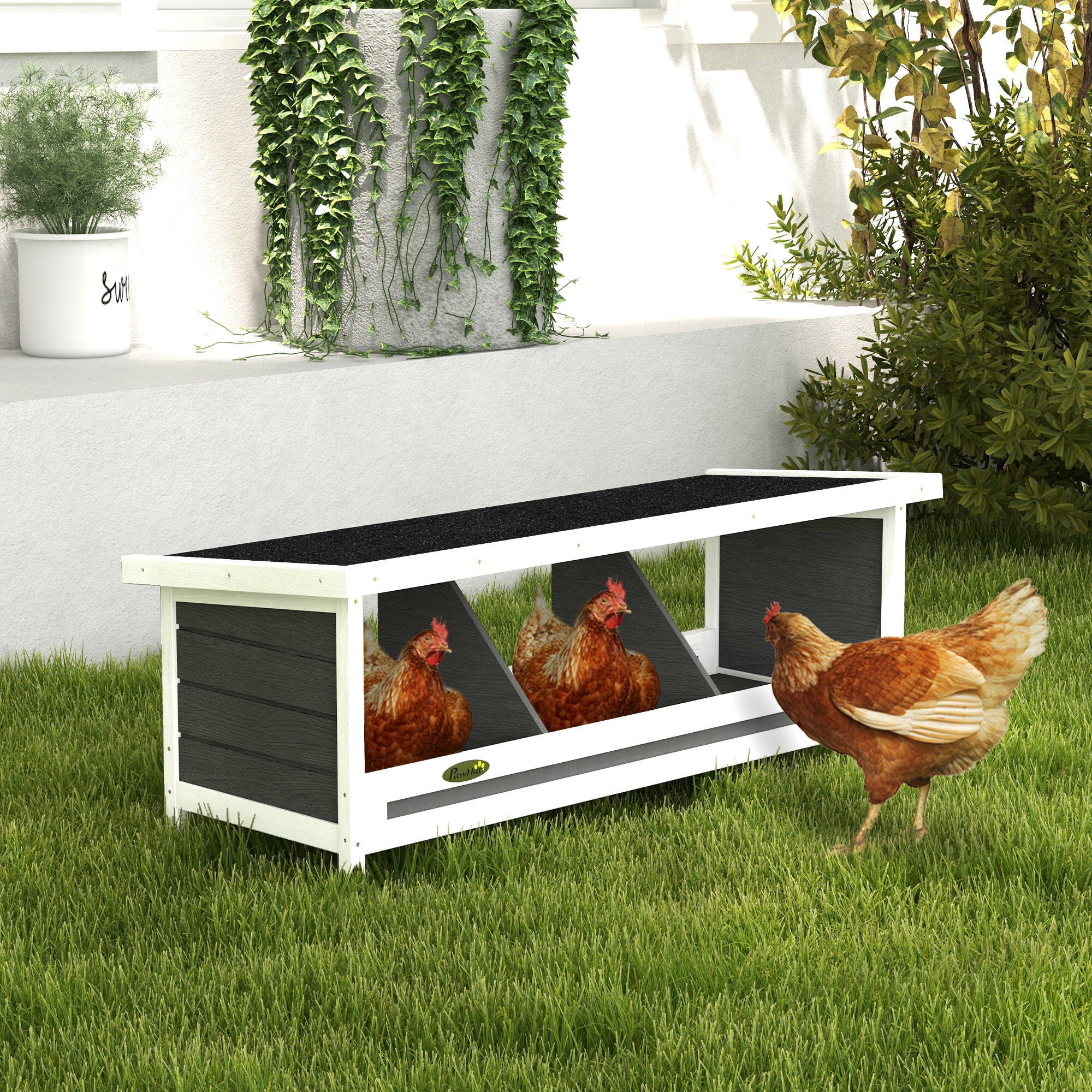 Pawhut Wood Chicken Nesting Box,3 Hole Chicken Boxes for Laying Eggs,Chicken Coop Nesting Box with Asphalt Roof for Indoor or Outdoor,Fits Up To 3 Hens,Gray,Gray Wood Pet Supplies Pet Beds Furniture