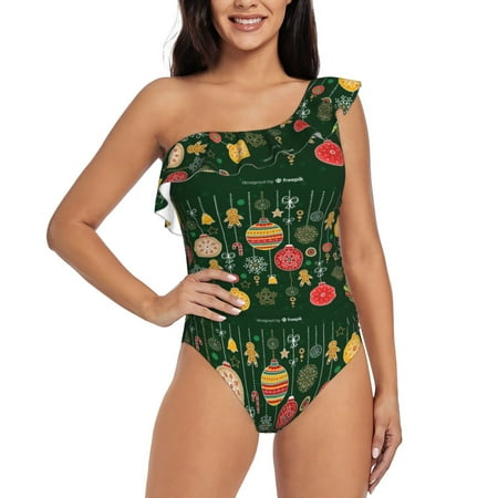 Uemuo Christmas Print Women s One Piece Swimsuit Asymmetrical Neck Bathing Suit One Shoulder Side Cutout Ruffle Swimwear-Large