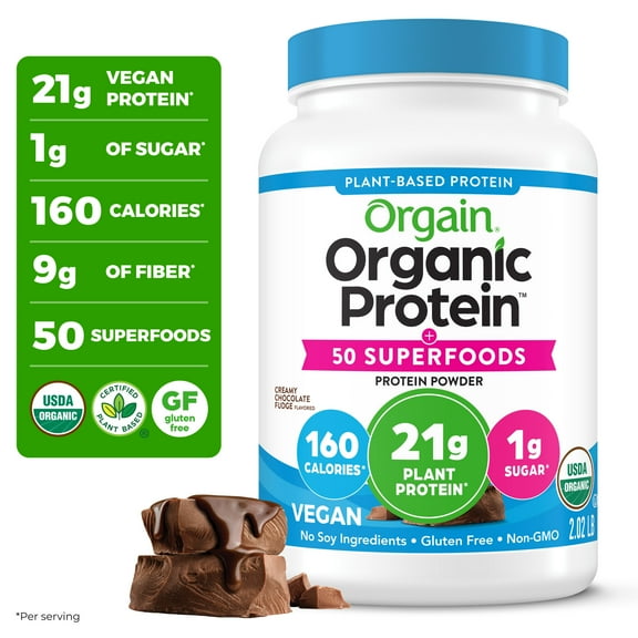 Orgain Organic Vegan 21g Protein   50 Superfoods Powder, Plant Based Shake Drink, Chocolate 2.02lb