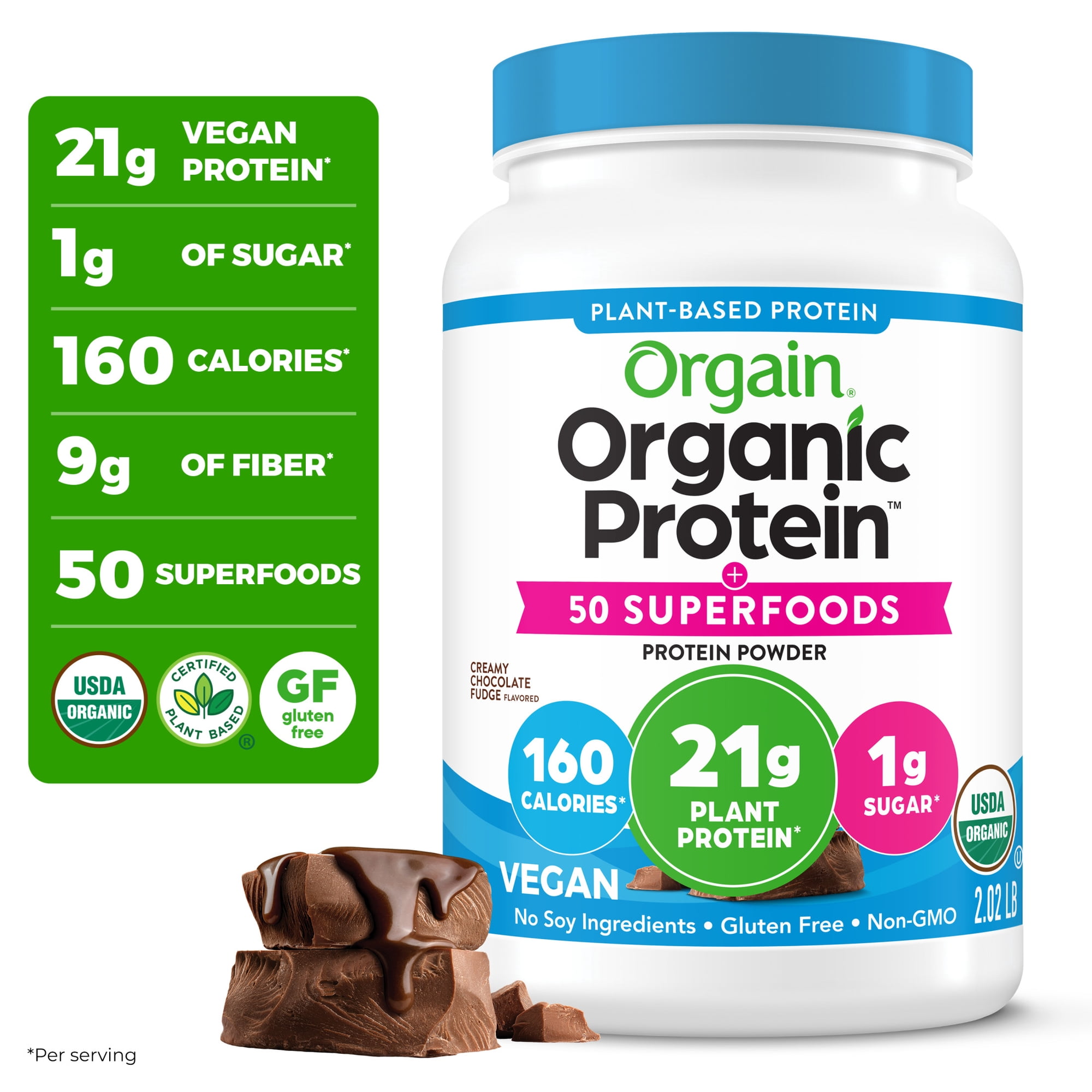 Orgain Organic Vegan 21g Protein + 50 Superfoods Powder, Plant Based Shake Drink, Chocolate 2.02lb