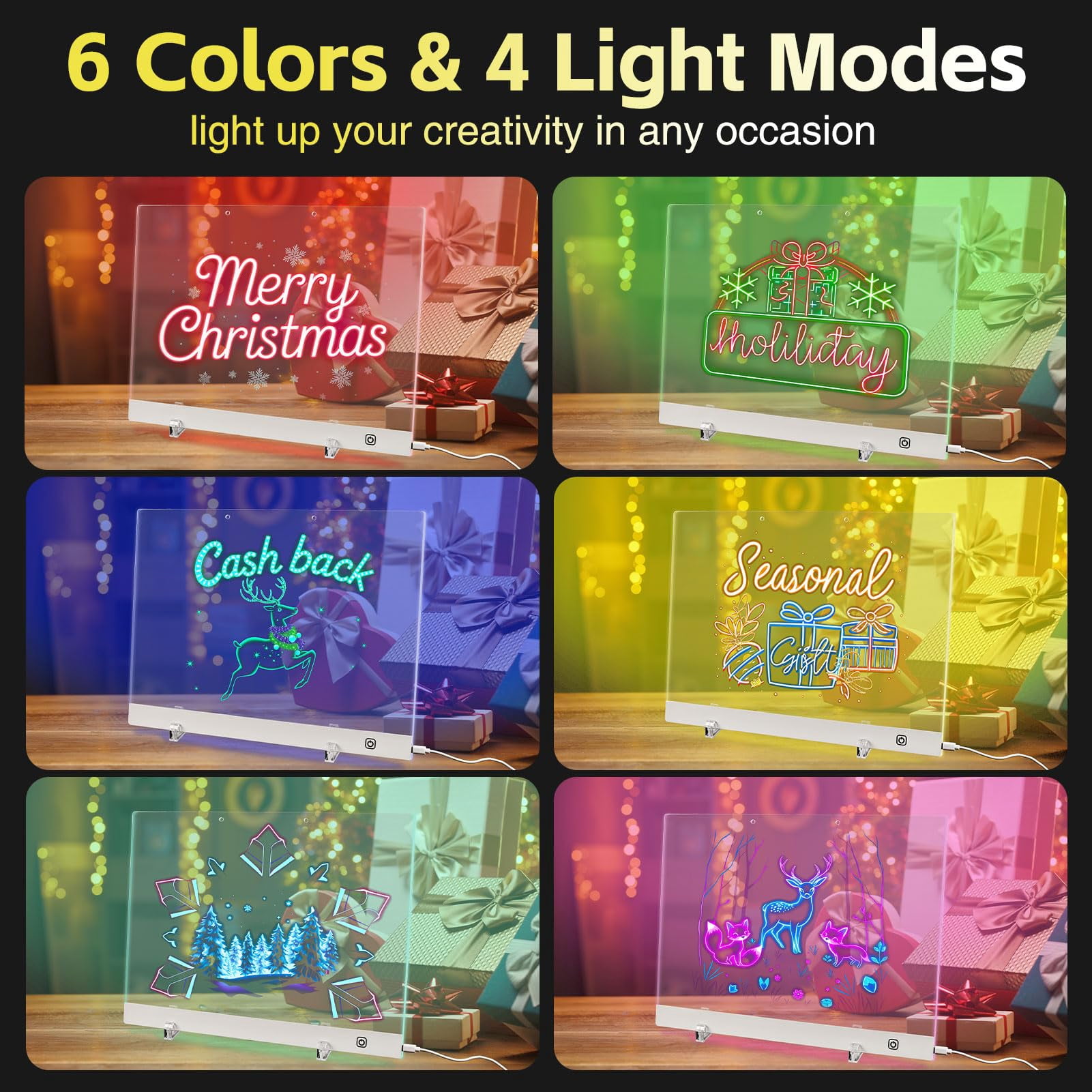 15.74"x11.8" Acrylic Dry Erase Board Calendar with Light, LED Note Board with 6-Color Neon Glow Memo Monthly Planning Board for Gift/Room/Office/Wall with Stand, 7 Markers