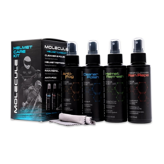 Molecule Helmet Care Kit, Anti-Fog, Cleaner Polish, Refresh, and Rain Repel, Premium Helmet Care, Helmets, Visors, and Goggles, Cleans and Details, 4 Ounces (1 Kit)