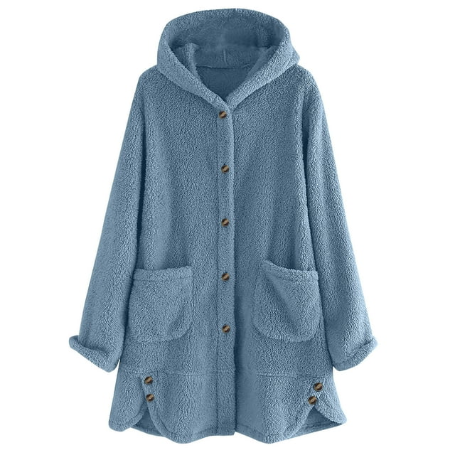HAiming Womens Fuzzy Hooded Jacket Coat Button down Lapel Collar Oversize Tops Fall Winter Soft Warm Clothes