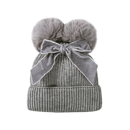 

Lovely Baby Winter Stuff Bowknot Double Pom Hat Knitted Kids Warm Bonnet Thicker Beanie Cap