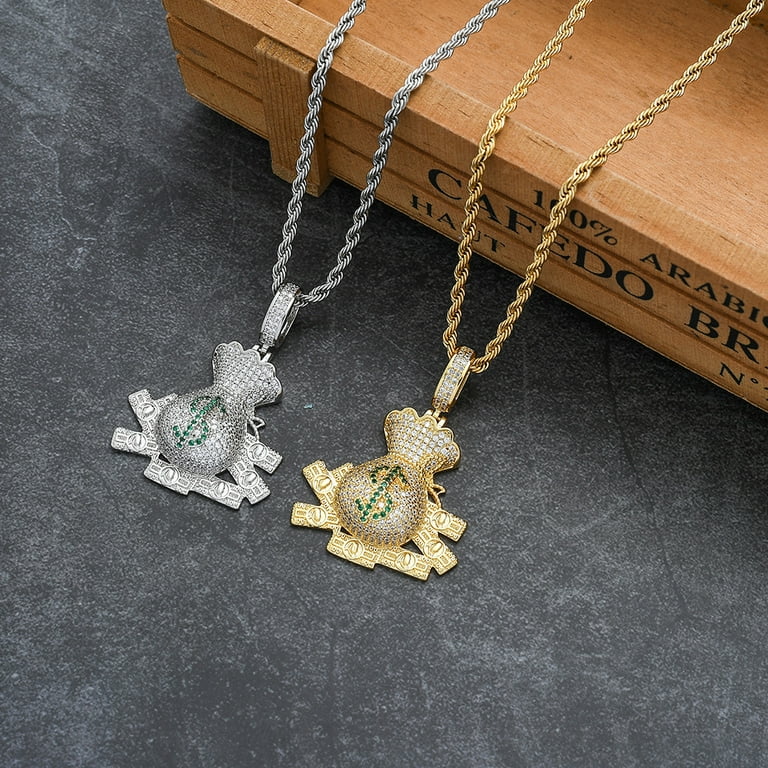 Money Bag 14K Yellow Gold Pendant Necklace With Rope Chain Hip Hop