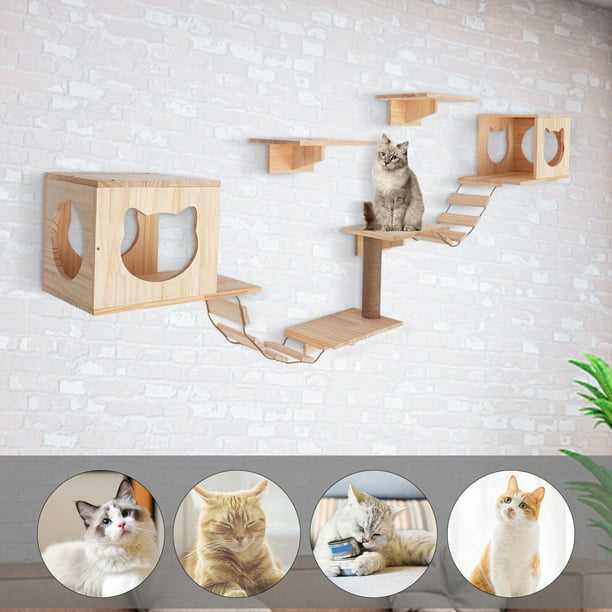 ZhdnBhnos 9PCS Wall Mounted Wood Cat Climber Set Cat Perches Shelves
