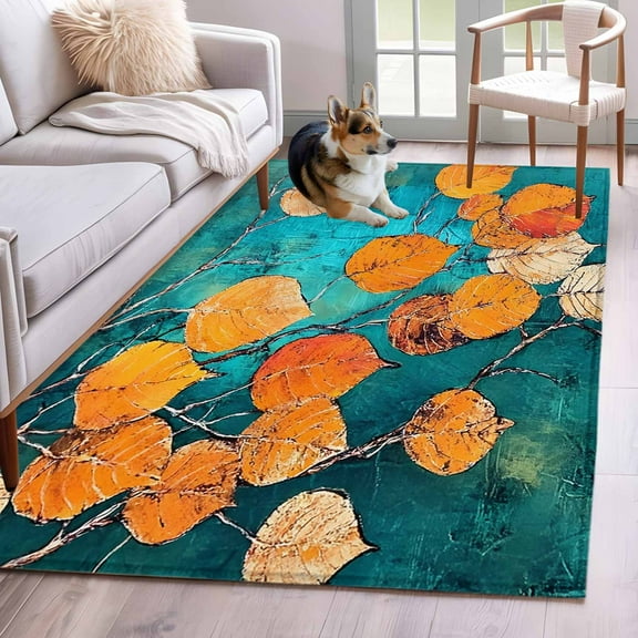 Orange Leaf Area Rug 4x6 Washable Rug Non Slip Abstract Oil Painting Branch Turquoise Large Area Rug Indoor Floor Carpet for Entryway Bedroom Kitchen Living Room Home Office Dining Room Nursery