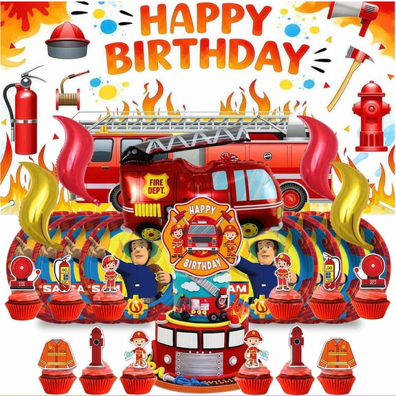 Fireman Sam Supplies Plates Decoration Backdrop Banner Birthday Decor Tableware Fans Balloons