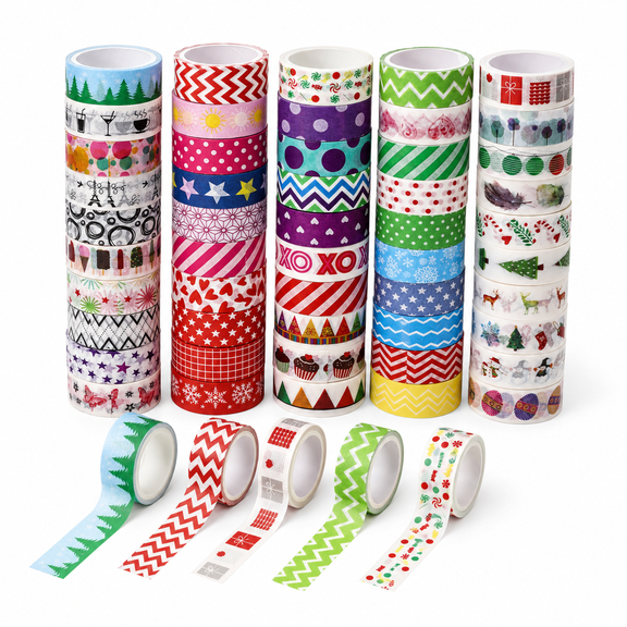 Kabuer Colorful Washi Tape Set, 50 Rolls of 15mm Wide Decorative Adhesive Tape for Crafts and Decorate