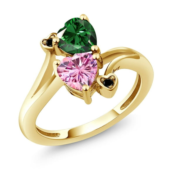 Gem Stone King 18K Yellow Gold Plated Silver Green Nano Emerald Pink Moissanite and Black Diamond Ring for Women (1.53 Cttw, Heart Shape 6MM, Gemstone May Birthstone, Size 6)