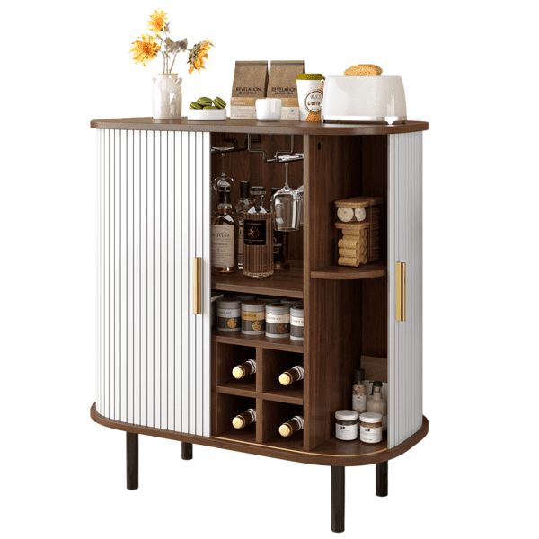 28" Fluted Wine Bar Cabinet with 8-Grid Wine Rack, 5-Level Adjustable Shelves, 2 Glass Holders, Smoothly Sliding Tambour Doors, 4 Hidden Storage Space on the Side, Modern Liquor Coffee Station, White