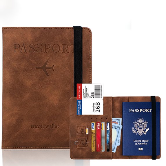 EUBUY Multifunctional Wallet Passport Holder PU Leather Slim Travel Credict Card Pouch with RFID Blocking for Men Brown
