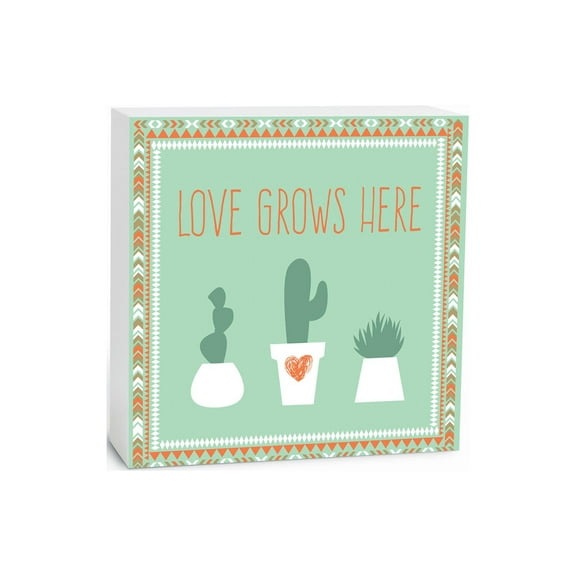 Love Grows Here Cactus Green Heart 5 x 5 Wood Tabletop Sign Plaque