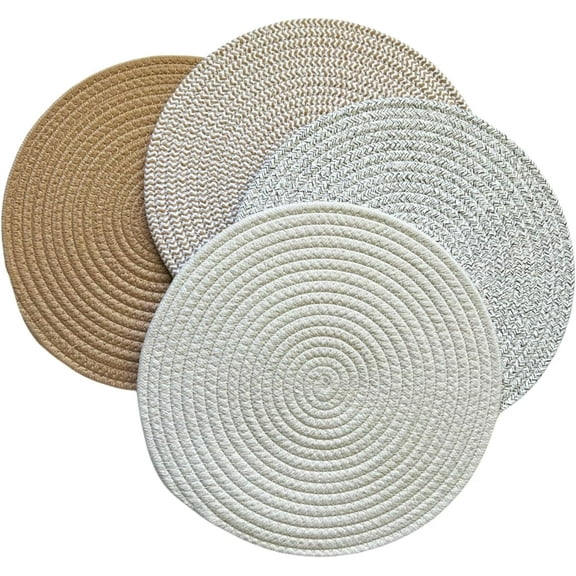 Round Thick Cotton Tight Woven Insulated Washable Placemats Set of 4, 13 Ih Circular Table Mats for Hot Dishes, Hot pots and Pans, Round placemars for Home and Kitchen Decor, Light Color