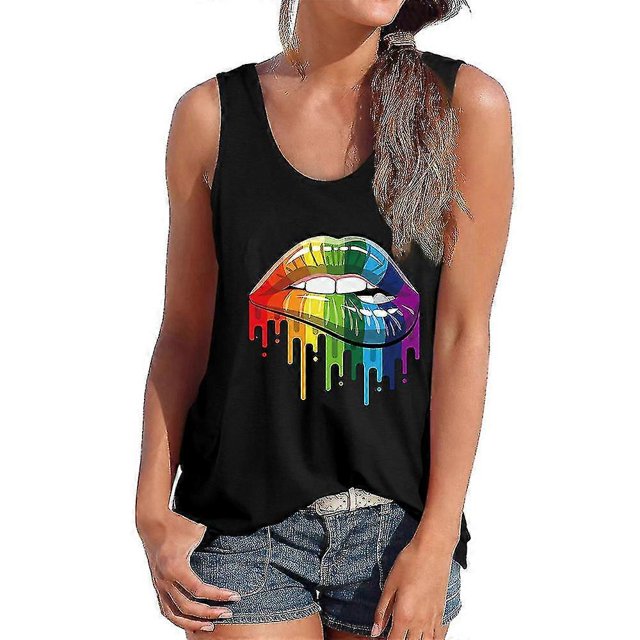 Women Rainbow Lip Print Sleeveless Pride Day Tank Tops Casual Vest Summer
