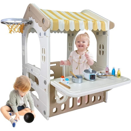 41.3" x 31.4" x 29" Kids Cottage Playhouse, Indoor/Outdoor Toddler Playhouse with Working Doors, Worktop & Basketball Hoop, Durable Plastic Playset for Kids Ages 1  Years Old
