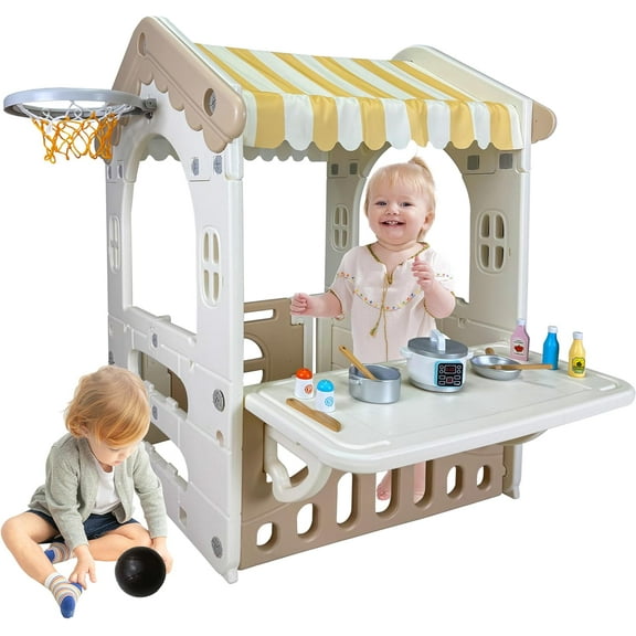 41.3" x 31.4" x 29" Kids Cottage Playhouse, Indoor/Outdoor Toddler Playhouse with Working Doors, Worktop & Basketball Hoop, Durable Plastic Playset for Kids Ages 1  Years Old