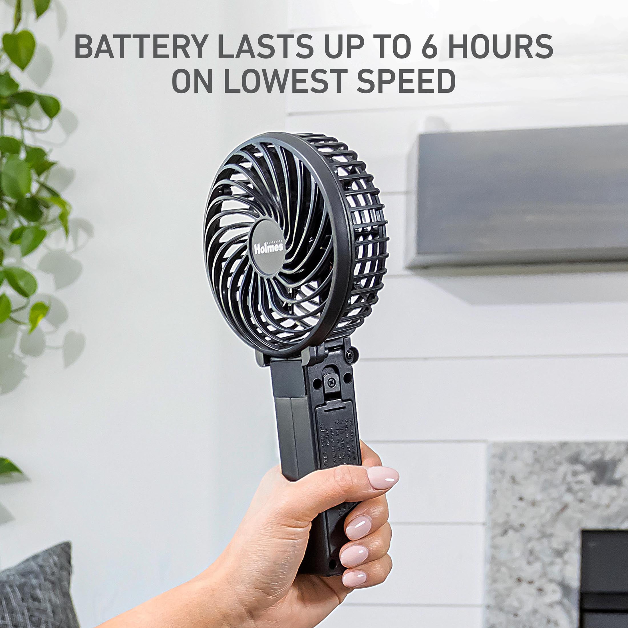 Holmes 4" Rechargeable Handheld Fan, 3-Speed, USB-C, 180° Tilt, Portable, Black