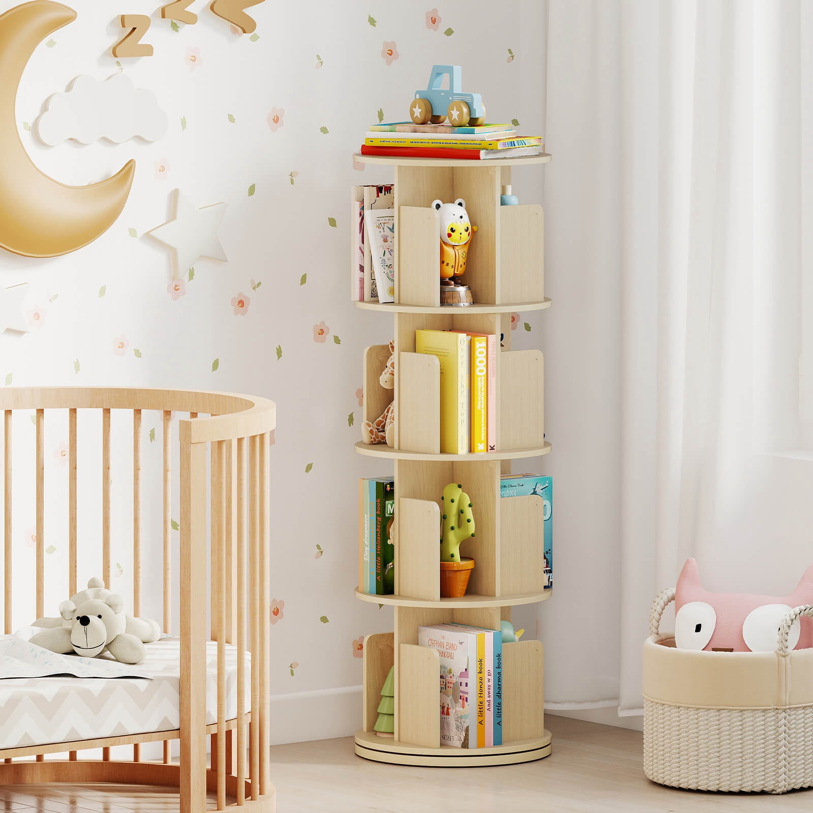 Costway 1 PCS 4-Tier Rotating Bookshelf 360° Display Rack with Dividers & Anti-falling Baffles Natural