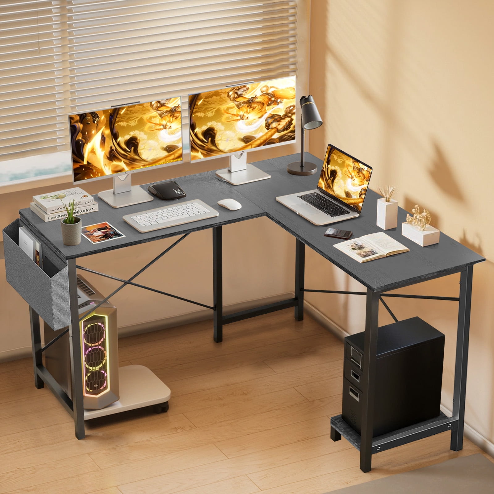 Sybels 50-inch L-Shaped Gaming Computer Desk with CPU Stand & Side Bag, Corner PC Workstation for Home Office, Small Space Saver,Black