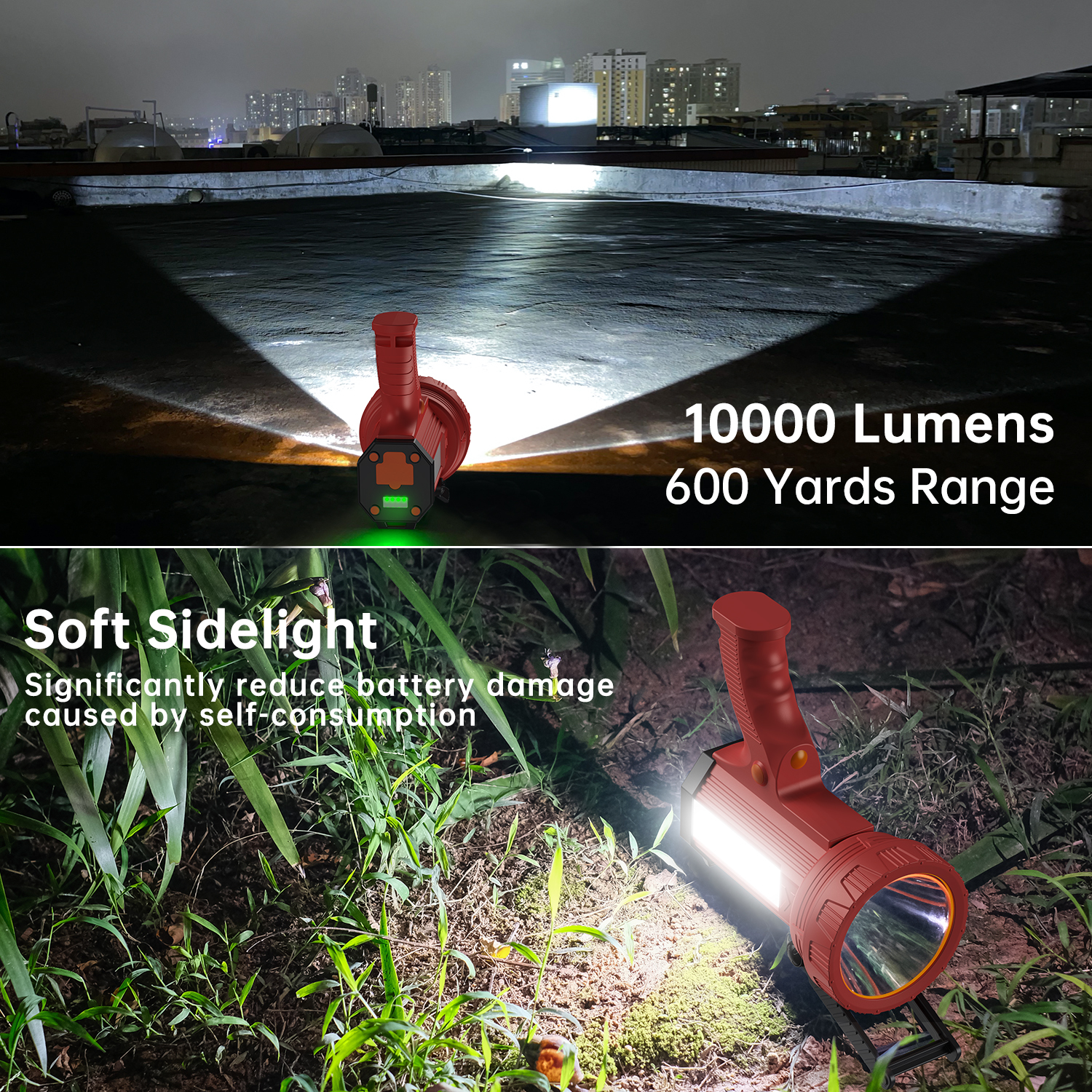 BUYSIGHT Rechargeable Spotlight Flashlight, 120000 lumens 600 Yards Range Solar Spot Lights Hand held Large flashlights（Red with red Lens and Side Flood Light Warning Light USB C Recharge( Red)