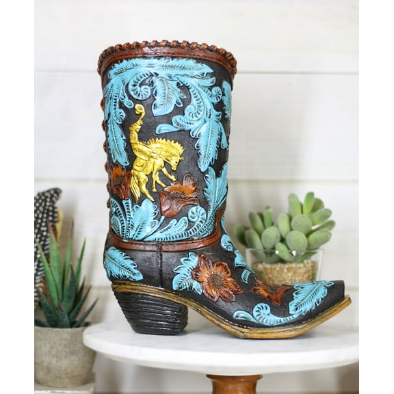 Turquoise Floral Scroll Lace W/ Rearing Horse Cowboy Boot Vase Planter Figurine