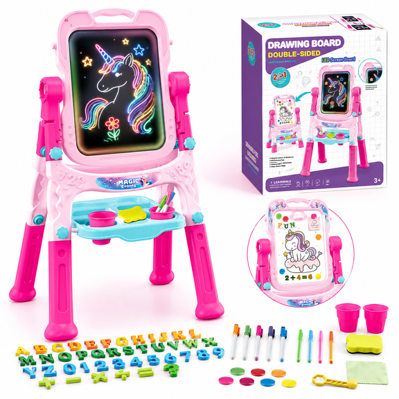 Monqistar Art Easel for Kids, Adjustable Standing Rotatable Double Sided Easel, with Painting Accessories for Toddlers Boys and Girls, Pink