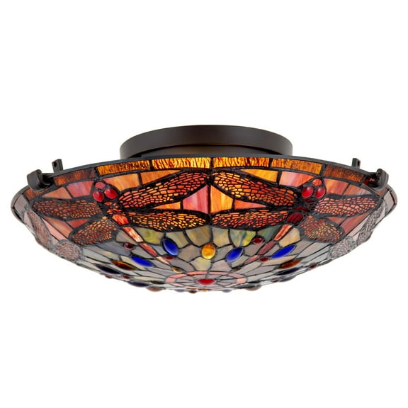 Kira Home Mateo 16" 2-Light Modern Dragonfly Tiffany Glass Flush Mount Ceiling Light, Black Finish