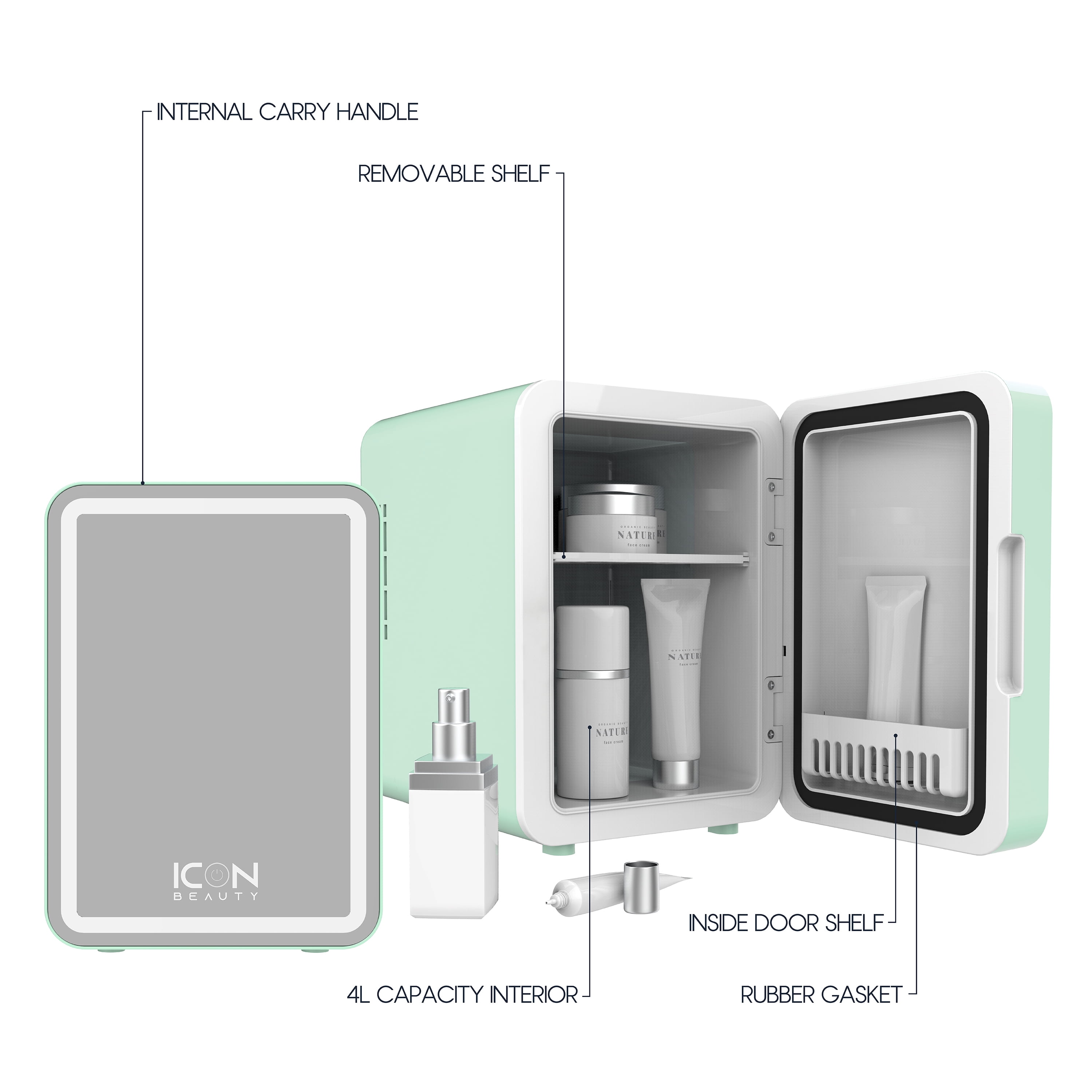 Icon Beauty LED Mirror Door 6.75in. Mini Cooler, 4-Liter Compact Mini Fridge with Touch-Control LED Light and Standard Door, New