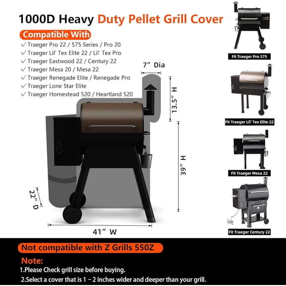 1000D Heavy Duty Grill Cover for Traeger Pro 22/575 Series BAC503 | Waterproof Wood Pellet Smoker Cover, Tear & Fade Resistant with Buckle Zipper, Lil'Tex Elite, Eastwood